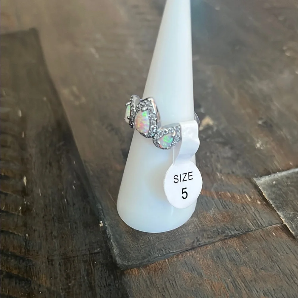 Opal Teardrop Halo Silver Ring - White Opal Accent